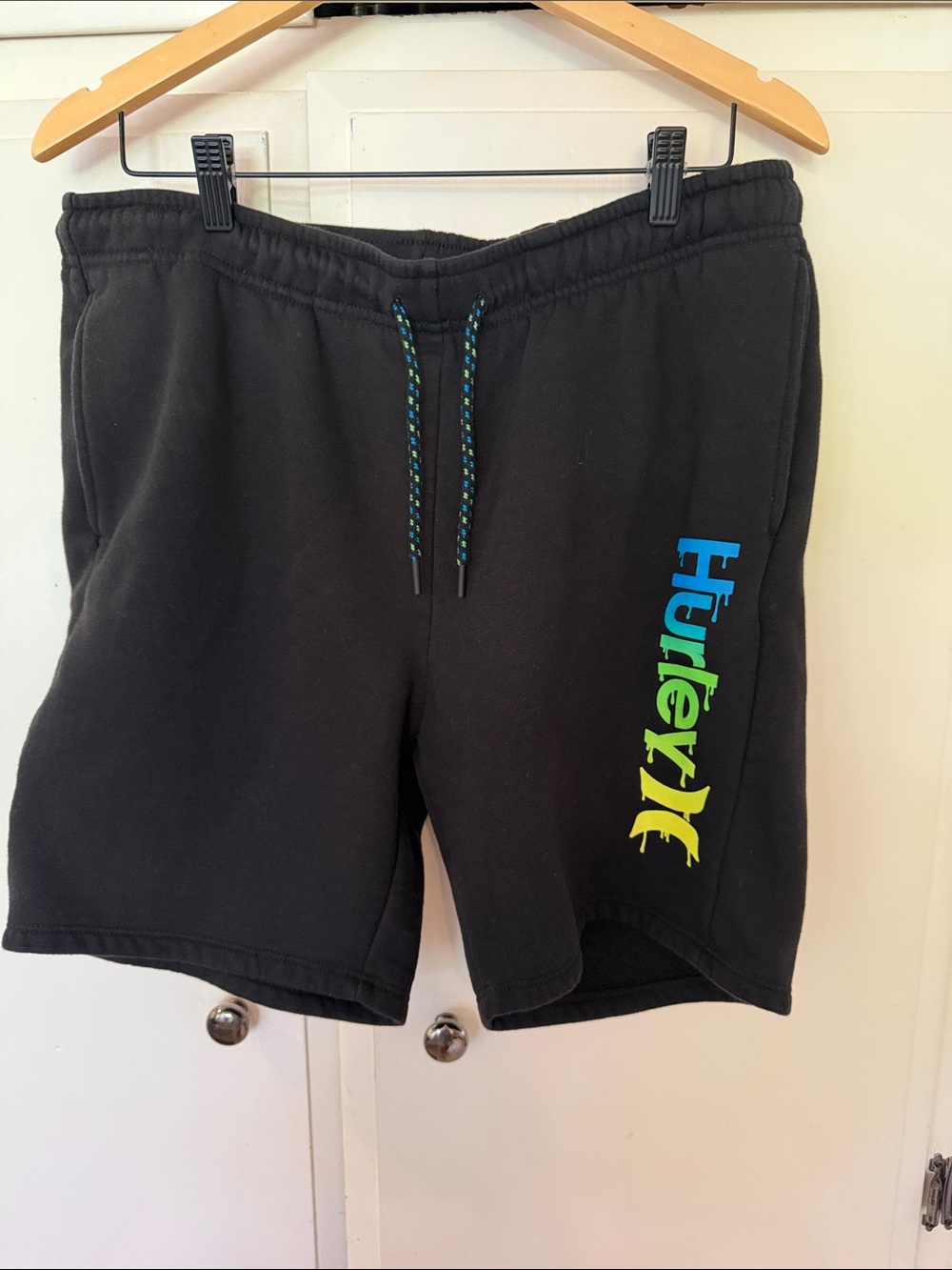 Hurley Black Athletic Shorts with Blue and Lime Logo